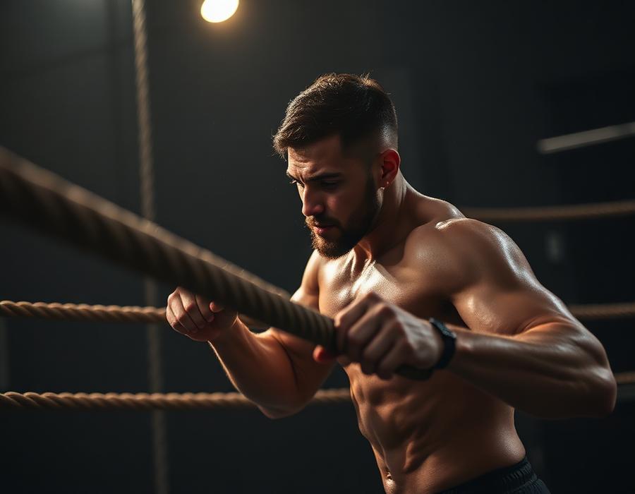 Athlete training with battle ropes